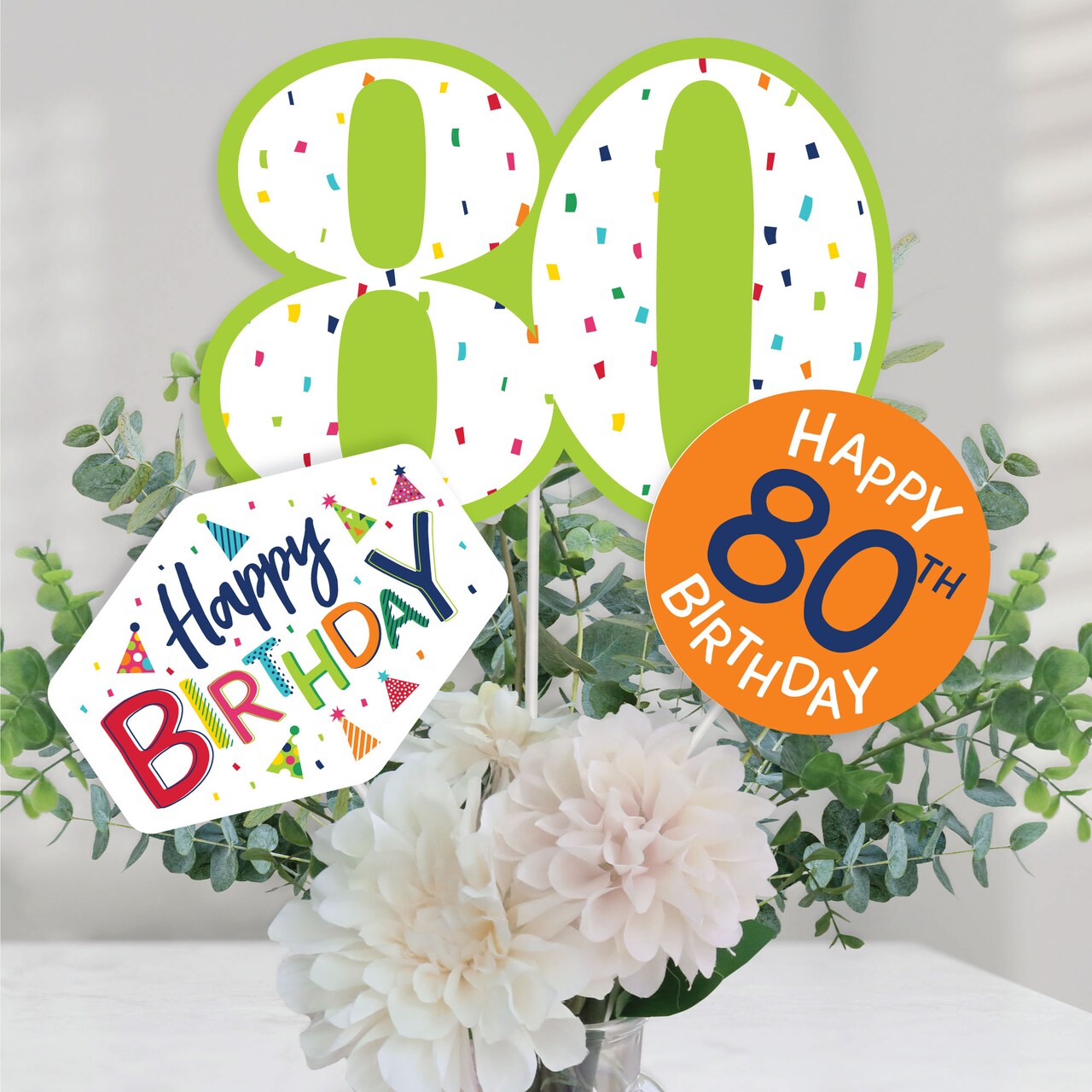 Big Dot of Happiness 80th Birthday - Cheerful Happy Birthday - Colorful Eightieth Birthday Party Centerpiece Sticks - Table Toppers - Set of 15